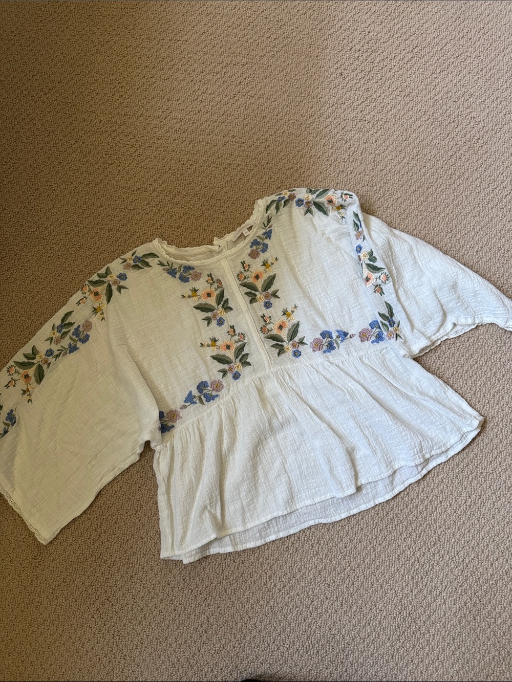 Olivaceous White Peasant Top with Blue, Green & Purple Floral Embroidery